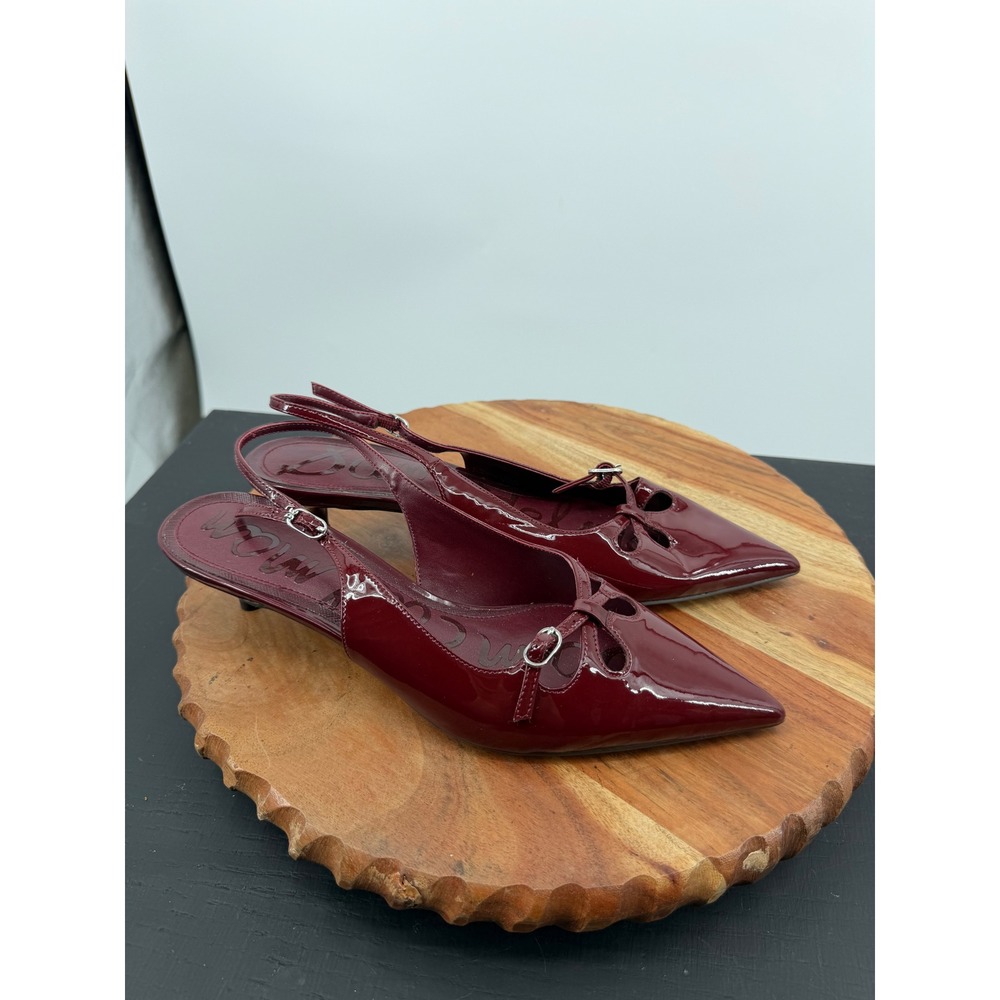 Sam Edelman Fauna Slingback Pump Womens 8.5M Burgundy Patent Leather Kitten Heel